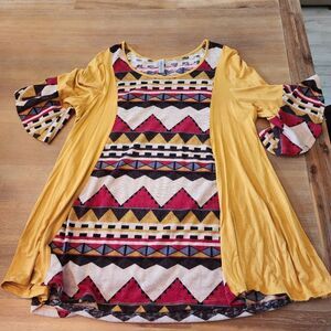 RROUGE Yellow Red Geometric Print Butterfly Sleeve Top Shirt